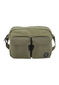 Borsa a tracolla verde oliva realizzata in tessuto resistente, con due tasche frontali, un comparto principale con zip e un accento del logo nero.