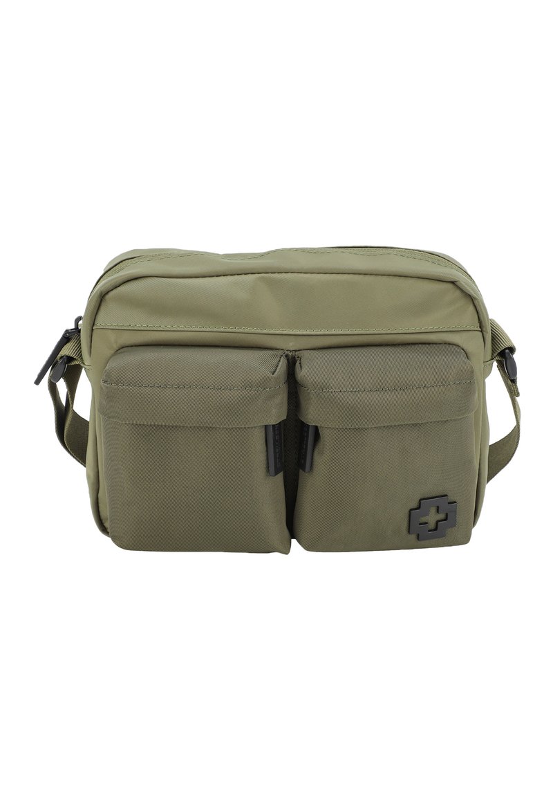 Borsa a tracolla verde oliva realizzata in tessuto resistente, con due tasche frontali, un comparto principale con zip e un accento del logo nero.