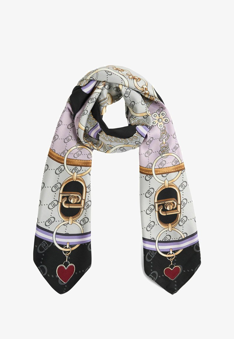 Sciarpa di seta con motivo a catena e cuore in colori pastello, con dettagli dorati e una texture lucida. Le estremità sono a punta.