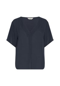 Blusa blu navy a maniche corte con scollatura a V, silhouette fluida e texture liscia. Presenta cuciture minime e nessun motivo visibile.