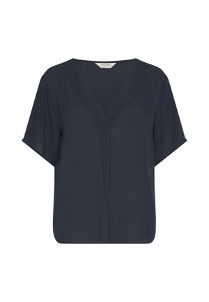 Dunkelblaue Kurzarmbluse mit V-Ausschnitt, fließender Silhouette und glatter Textur. Merkmale sind minimale Nähte und keine sichtbaren Muster.