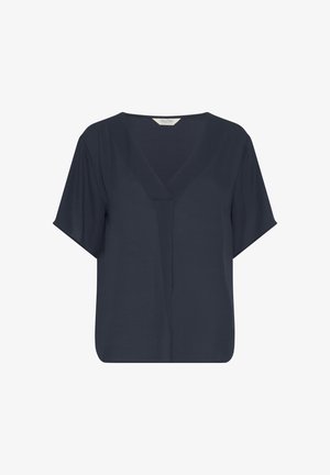 Dunkelblaue Kurzarmbluse mit V-Ausschnitt, fließender Silhouette und glatter Textur. Merkmale sind minimale Nähte und keine sichtbaren Muster.