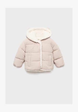 Giacca piumino color beige chiaro con cappuccio foderato in pelliccia rimovibile, tasche frontali e design accorciato. Tessuto morbido e motivo trapuntato.