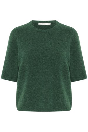 Grüner kurzärmeliger Pullover aus weichem, strukturiertem Strickstoff. Mit Rundhalsausschnitt und lockerer Passform. Schlichtes Design ohne Muster oder Akzente.