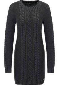 Mörkgrå stickad klänning med rund halsringning, långa ärmar och texturerade flätstickningsmönster längs fram.