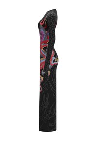 Abito lungo nero a maniche lunghe con un design di drago colorato, maniche con stampa animale in contrasto e silhouette aderente.