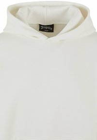 White hooded sweatshirt with a large front pocket, made from soft fabric. Features a drawstring hood and a simple, minimalist design.