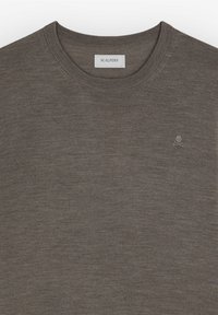 Męski brązowy sweter z okrągłym dekoltem, wykonany z teksturowanego materiału. Posiada małe haftowane logo nad lewym klatką piersiową. Prosty design.
