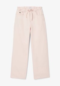 Ljust rosa vida byxor i bomull, med resårmidja, framfickor och en liten grön logodetalj.