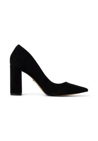 Chaussure à talons hauts en daim noir avec un nez pointu et un talon épais. Le design présente une texture lisse et une silhouette élancée.