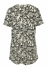 Korte mouw, ontspannen pasvorm shirt met een zwart-wit botanisch bladenpatroon op een crèmekleurige achtergrond, gemaakt van zachte katoen.