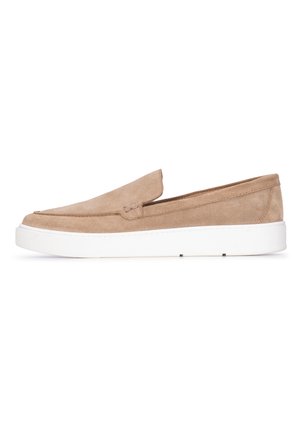 Suede Slippers in hellem Beige mit einer flachen weißen Gummisohle. Besitzt ein sauberes Design und gestickte Akzente im Obermaterial.