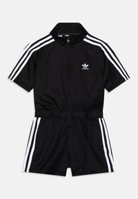 Černý sportovní overal s krátkým rukávem, předním zipem a elastickým pasem. Obsahuje bílý design se třemi pruhy na rukávech a logo adidas na hrudi.