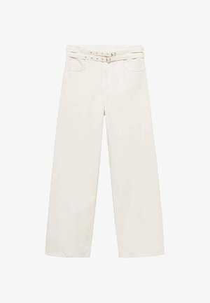 Wide-leg, cream-colored trousers made from cotton. Features a belted waist, zip fly, and two front pockets. Smooth texture, minimal stitching.