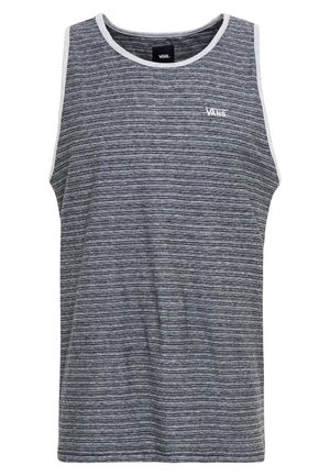 Szary i czarny bezrękawnik Vans w poziome paski, z białym obszyciem wokół pach i dekoltu, logo Vans na lewym biuście.