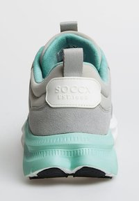 Gray and mint green sneaker featuring a suede upper, padded collar, and a white logo patch. Thick rubber sole with textured tread.