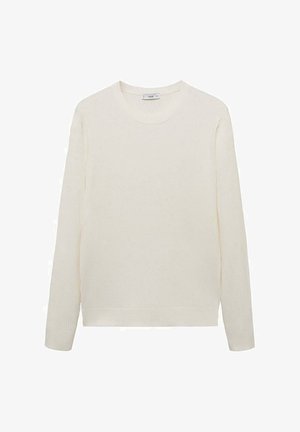 Sweter z prążkowanej dzianiny w kolorze kremowym, z długimi rękawami, okrągłym dekoltem i luźnym krojem. Charakteryzuje się gładką teksturą i subtelnymi szwami bocznymi.