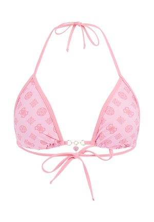 Rózsaszín háromszög bikini felső ismétlődő absztrakt logómintákkal, nyakpántos megkötővel és elöl megkötős záródással kis szív medállal.