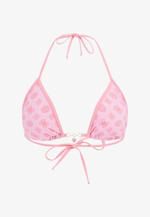 Rózsaszín háromszög bikini felső ismétlődő absztrakt logómintákkal, nyakpántos megkötővel és elöl megkötős záródással kis szív medállal.