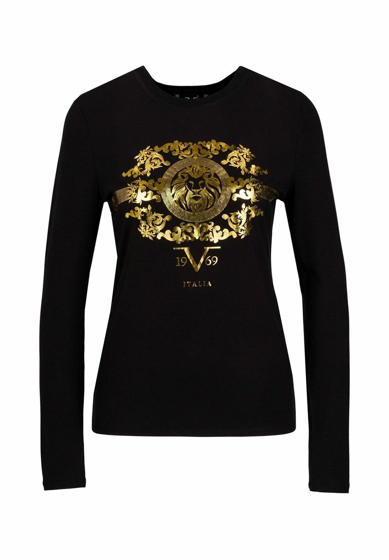 T-shirt noir à manches longues avec un graphique de lion doré aux détails ornés, l'année "1969" et le texte "ITALIA" en dessous du design.