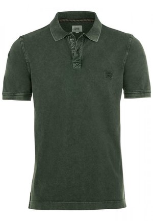 Dark green short-sleeve polo shirt with a collar, three buttons, and a small rectangular logo patch on the left chest.