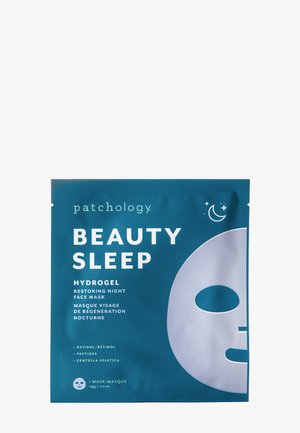 Verpackung für ein Hydrogel-Gesichtsmaske, türkisfarbener Hintergrund mit weißem Text. Enthält Akzente von Mond und Sternen, eine grafische Darstellung eines Gesichtsprofils sowie Produktinformationen.