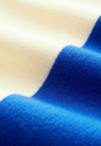 Blauw en crèmekleurig gestreepte stof, met een zachte textuur. De blauwe secties zijn levendig en gedurfd tegen de gedempte crèmekleur.