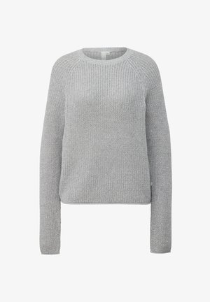 Siv pulover z dolgimi raglan rokavi in okroglim izrezom. Ima strukturirano vzorčenje in nekoliko skrajšano silhueto.