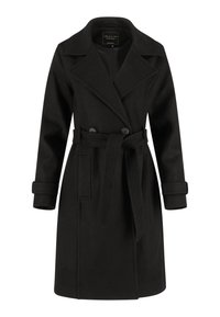 Czarny płaszcz trencz z mieszanki wełny, z paskiem w talii, dwurzędowymi guzikami, szerokimi klapami i długimi rękawami. Gładka tekstura, długość do kolan.