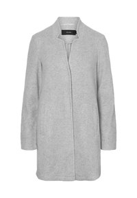 Cappotto grigio in misto lana con taglio dritto, maniche lunghe e colletto alto. Dotato di due tasche laterali e un'apertura frontale singola.