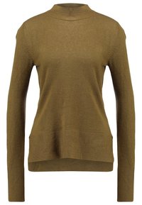 Maglione verde oliva con collo alto, maniche lunghe, orlo a coste e finitura testurizzata. Ha una vestibilità rilassata con tasche laterali.