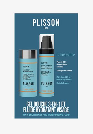 Zwei PLISSON Hautpflegeprodukte: eine zylindrische Duschgel-Flasche in hellblau mit silbernem Deckel (125 ml) und eine Pump-Feuchtigkeitspflege (50 ml) daneben.