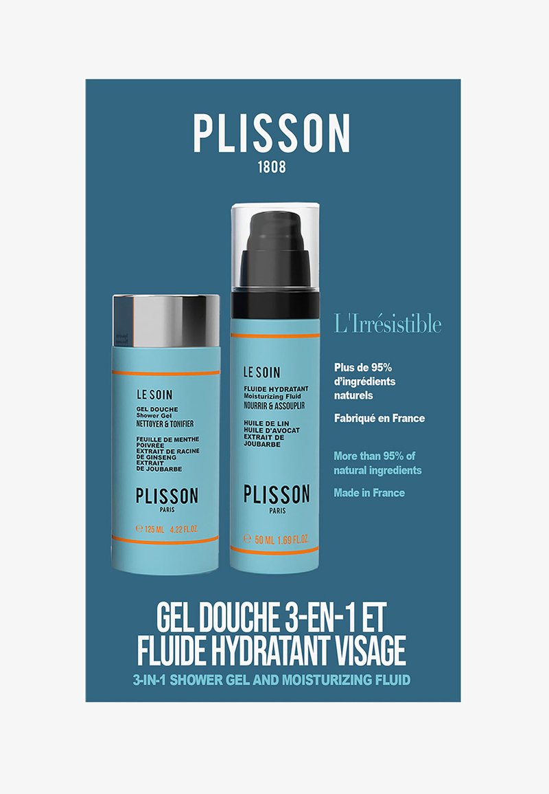 Zwei PLISSON Hautpflegeprodukte: eine zylindrische Duschgel-Flasche in hellblau mit silbernem Deckel (125 ml) und eine Pump-Feuchtigkeitspflege (50 ml) daneben.