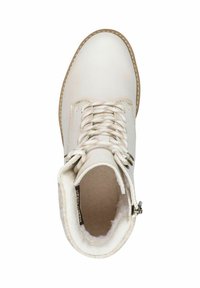 Bottines en cuir blanc à bout rond, à lacets sur le devant, surface texturée, doublure intérieure douce et semelle en caoutchouc de couleur claire.