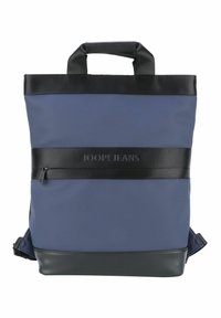 Borsa tote blu e nera realizzata in nylon resistente, dotata di due manici superiori, una tasca frontale con zip e una banda con logo sulla parte anteriore.
