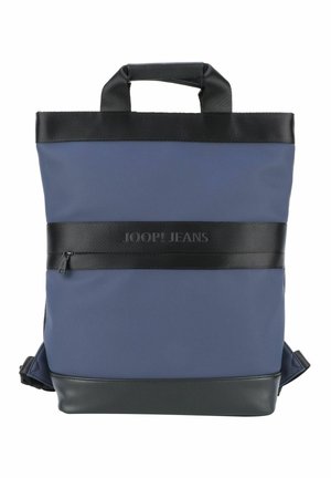 Sac fourre-tout bleu et noir en nylon durable, doté de deux poignées supérieures, d'une poche zippée à l'avant et d'une bande logo sur le devant.