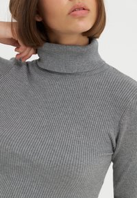 Pull en col roule gris à côtes, ajusté, avec un col haut et une texture verticale, fabriqué à partir d'un tissu doux et extensible.