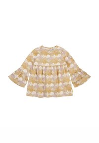 Top giallo con maniche a campana, caratterizzato da un motivo floreale e ondulato in rosa e bianco. Realizzato in tessuto leggero con una vestibilità ampia.