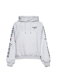 Sudadera con capucha gris de algodón, con un logo en el frente, texto azul marino en las mangas, puños acanalados y un corte relajado.