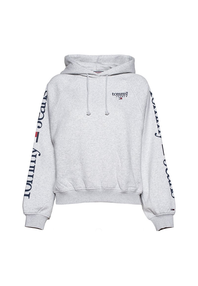 Sudadera con capucha gris de algodón, con un logo en el frente, texto azul marino en las mangas, puños acanalados y un corte relajado.