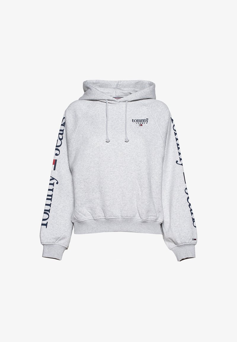 Sudadera con capucha gris de algodón, con un logo en el frente, texto azul marino en las mangas, puños acanalados y un corte relajado.