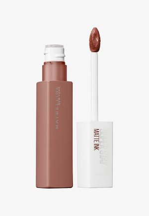 Maybelline Super Stay Matte Ink lip color in a rectangular, matte rosy brown container with a white applicator and a tapered, fuzzy wand.