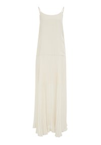 Ärmelloses langes Kleid in Creme, mit einem glatten oberen Teil und einem gefältelten unteren Abschnitt. Verfügt über dünne Träger und eine fließende Silhouette.