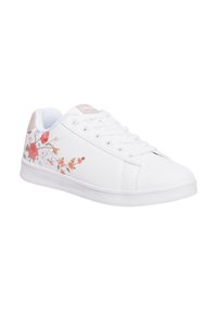 Scarpe da ginnastica bianche con design floreale in rosa, arancione e verde sui lati, caratterizzate da una texture liscia e chiusura tradizionale con lacci.