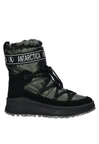 Insulated knee-high boot in dark green and black, featuring a padded upper, lace closure, and textured rubber sole with deep traction patterns.