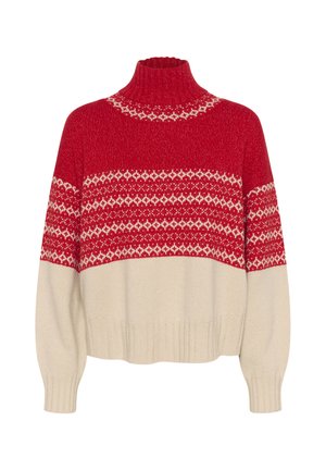 Červený a krémový rolák s textúrovaným pletením, geometrickými vzormi v červenom páse cez hruď a rebrovanými manžetami a spodným lemom.