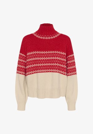 Red and cream turtleneck sweater featuring a textured knit, geometric patterns in a red band across the chest, and ribbed cuffs and hem.