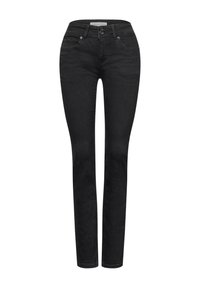 Černé skinny džíny z denimu s vysokým pasem, pěti kapsami a jemnými švy. Zipový klouzavý uzávěr s knoflíkem.