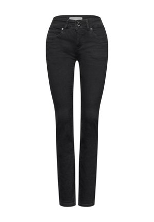 Zwarte denim skinny jeans met een hoge tailleband, vijf zakken en subtiele stikdetails. Rits en knoopsluiting.