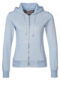 Ljusblå zip-up hoodie i mjuk bomullsblandning. Har en huva med dragsko, framfickor, ribbade ärmslut och diskret logotypdetalj.